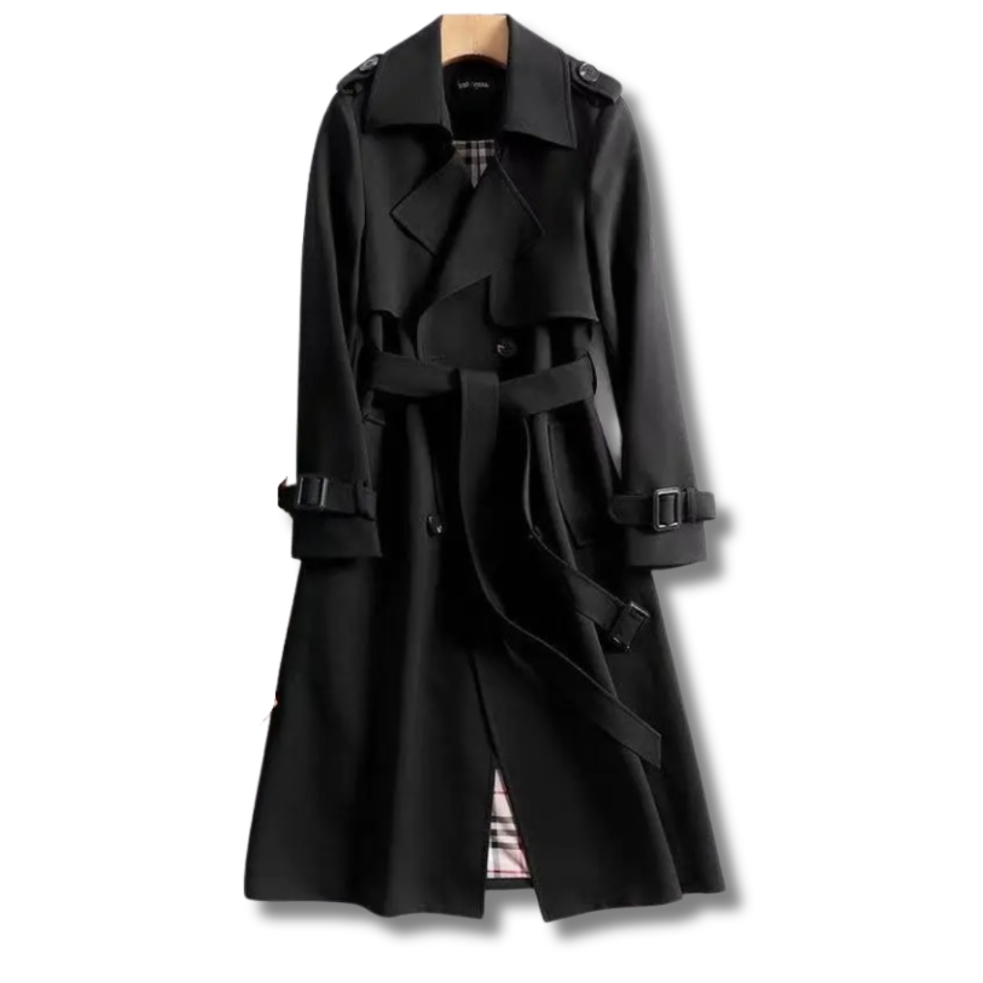 Lång Trenchcoat för Damer | Klassisk Dubbelsprättad Kappa med Skärp
