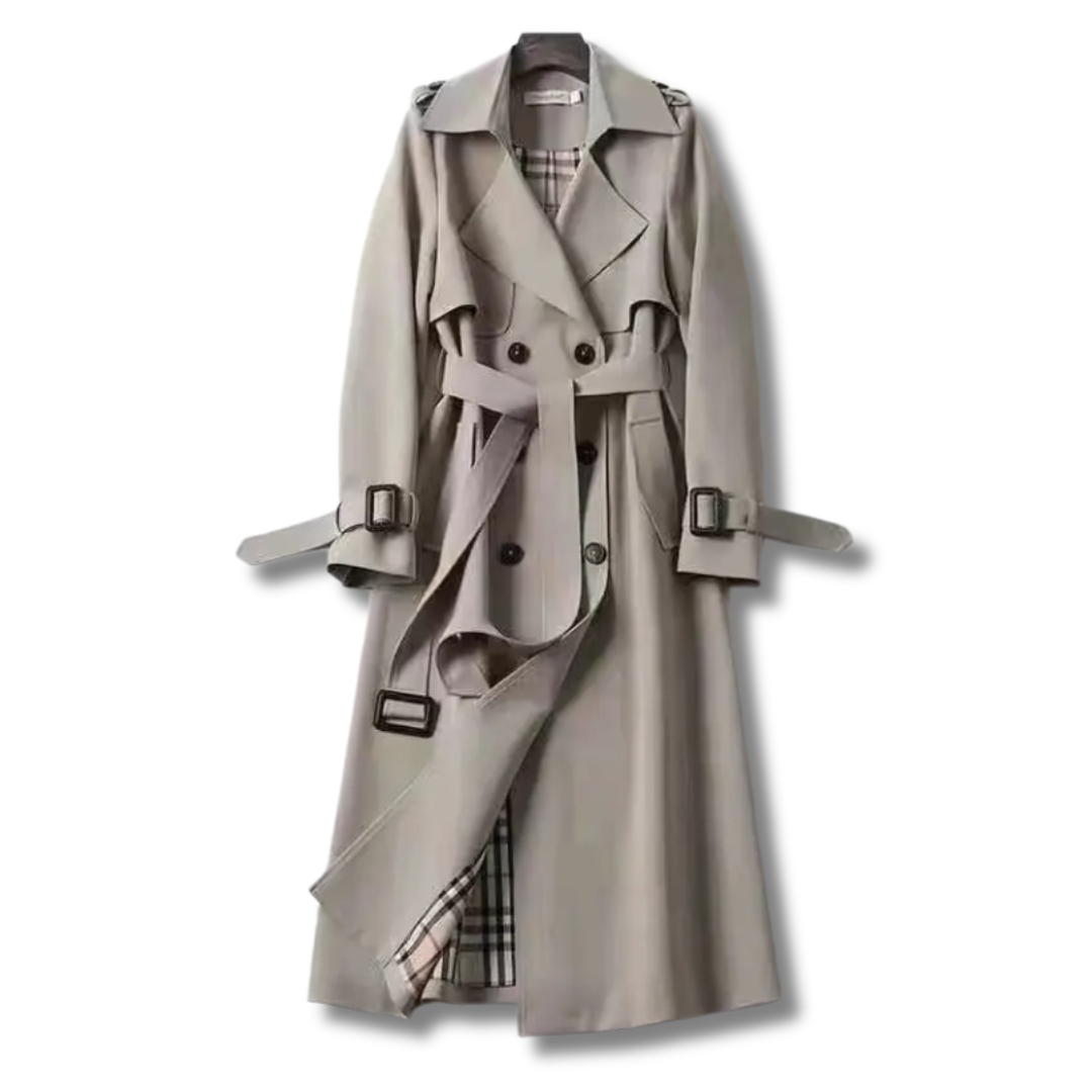 Lång Trenchcoat för Damer | Klassisk Dubbelsprättad Kappa med Skärp