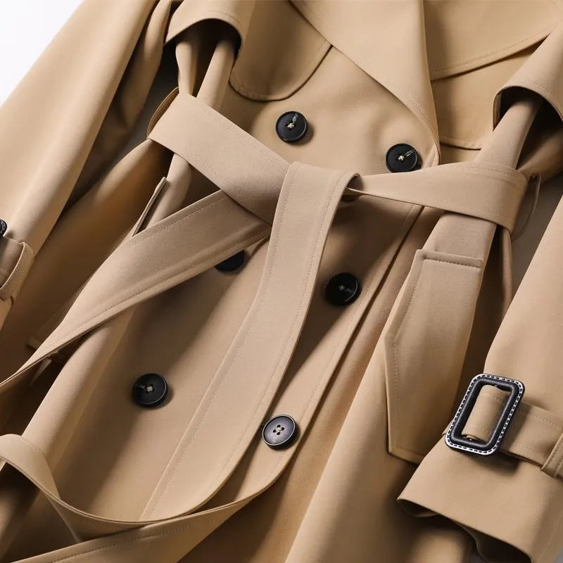 Lång Trenchcoat för Damer | Klassisk Dubbelsprättad Kappa med Skärp