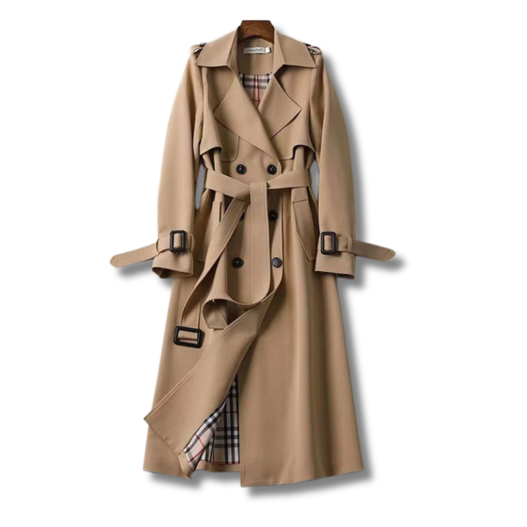 Lång Trenchcoat för Damer | Klassisk Dubbelsprättad Kappa med Skärp